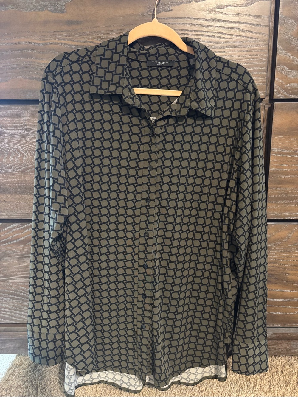 T Tahari Olive and Black Geometric-Print Button-Up Shirt 1X